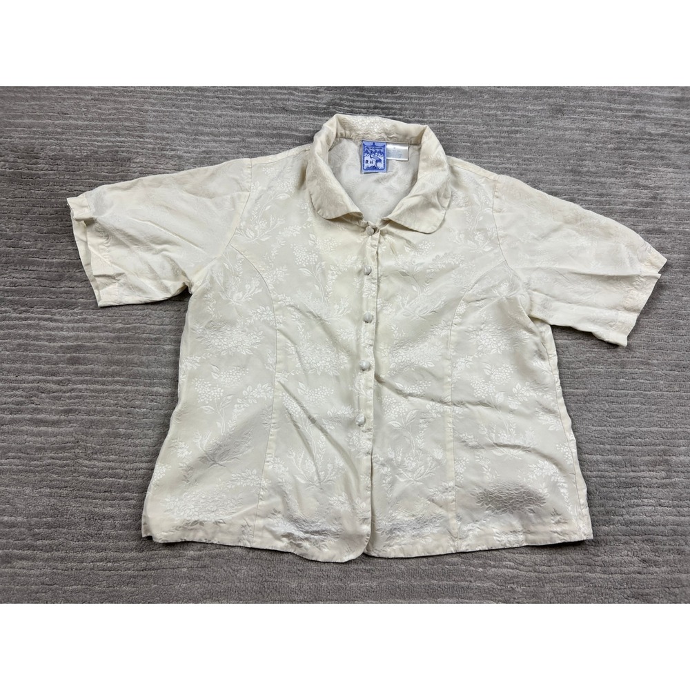 April Cornell Blouse Womens M Cream 100% Silk Floral Jacquard Short Sleeve Top